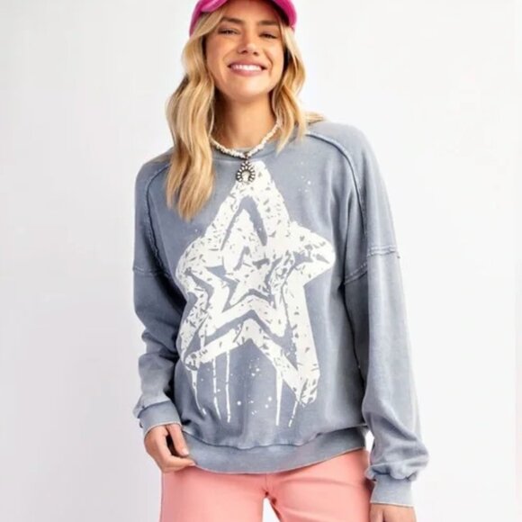 NEW EASEL Blue and White STAR PRINT WASHED TERRY KNIT PULLOVER Size LARGE - Picture 2 of 4
